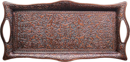 Metal Serving Tray with Raised Edges, Vintage Design Tray, Rectangular Metal Serving Tray, Decorative Serving Platter, Turkish Ottoman Coffee Tea Beverage Serving Square Tray (Aged Brown)