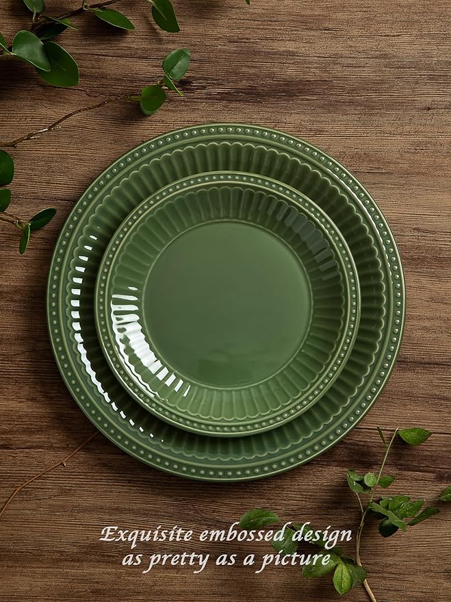 Famiware Garden Plates and Bowls Set, 24-Piece Dishes Set for 8, Scratch Resistant Kitchen Dishes Dinnerware Set - Microwave and Dishwasher Safe, Reactive Glaze and Embossed Stoneware, Dark Green