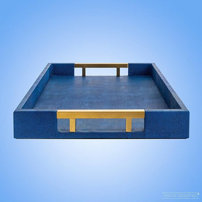Modern Elegant 17.5”x12” Rectangle Navy Blue Faux Leather Shagreen Decorative Tray Ottoman Tray Coffee Table Perfume Living Room Kitchen Serving Tray with Brass Gold Metal Handles by Home Redefined.