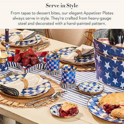MACKENZIE-CHILDS Set of 4 Enamel Appetizer Plates, Mini Dessert Plates, 5 Inches, Blue-and-White Royal Check