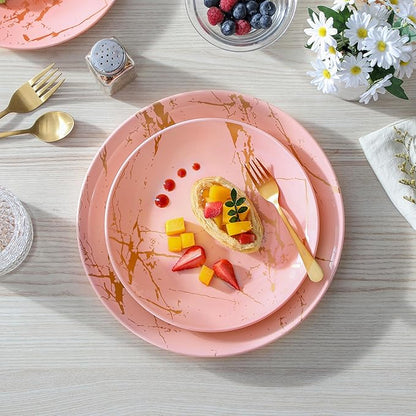 LOVECASA Pink Dinnerware Sets for 4, 12 Piece Porcelain Plates and Bowls Sets, Gold Splash Dish Set, Modern Ceramic Dinner Set, Dishwasher Microwave Safe