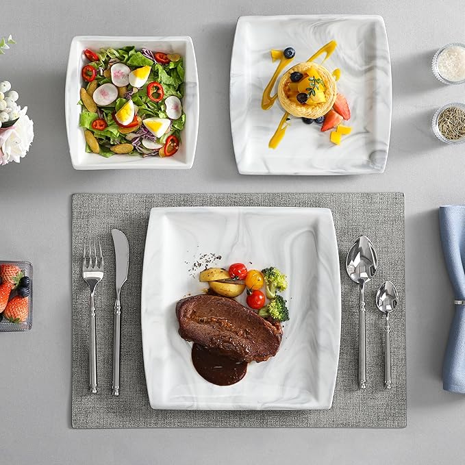 MALACASA Plates and Bowls Sets, 12-Piece Porcelain Dinnerware Sets for 4, Square Plates and Bowls for Dessert, Salad and Soup, Ceramic Dishes Dining Dishware Set, Marble Grey, Series Blance