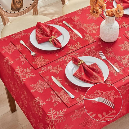 Rectangle Fancy Metallic Sparkling Snowflake Christmas Fabric Table Cloth red Hunter Gold Navy White Silver No-Iron Soil Resistant Woven Holiday Table Cover(Red Gold/60x120Inch)