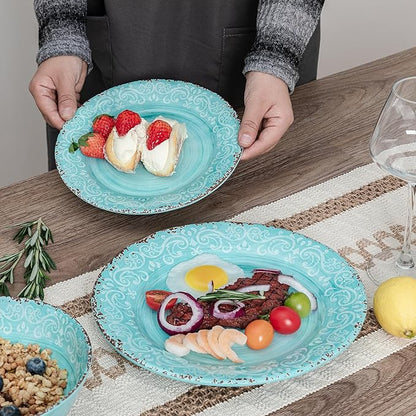 12-Piece Farmhouse Dinnerware Set, set of 4, 100% Melamine Dishes Serving Set with Plates and Bowls, Non-breakable and Lightweight Dinner Set for indoor and outdoor entertaining, Light Teal