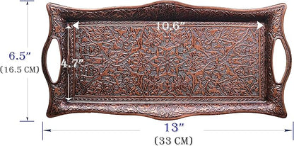 Metal Serving Tray with Raised Edges, Vintage Design Tray, Rectangular Metal Serving Tray, Decorative Serving Platter, Turkish Ottoman Coffee Tea Beverage Serving Square Tray (Aged Brown)