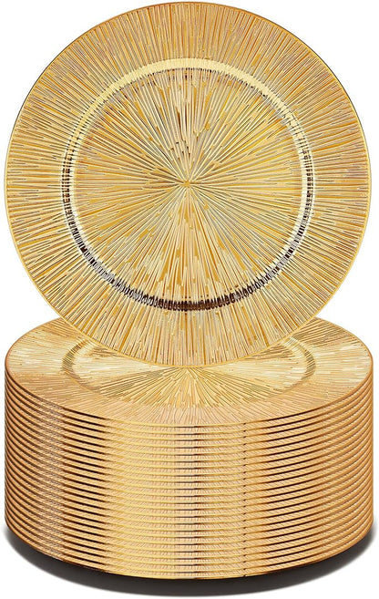 Value Set of 24 Charger Plates, Gold Plastic Dinner Chargers 13 Inch Multi-Use for Holiday Decor Restaurant Catering Special Events