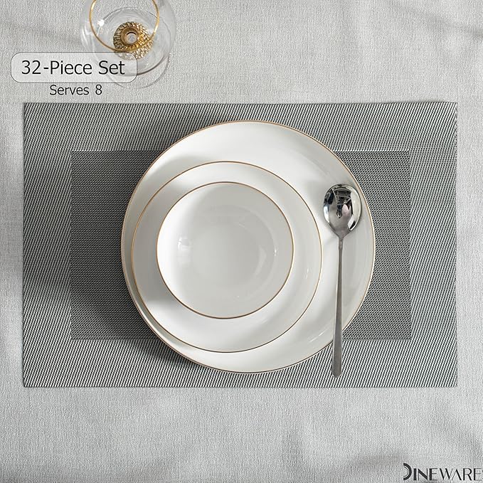 Perlaceo Luxurious Collection of 24-Piece White with Gold Rim Bone China Dinnerware Set - Lightweight and Durable - Service for 8, Including Dinner Plates, Salad Plates, and Cereal or Soup Bowls