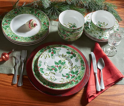 222 Fifth Christmas Foliage 12-Piece Porcelain Dinnerware Set for 4 - Glossy White Plates and Bowls Sets with Green Holly and Berry Design, Durable Ceramic Dish Set for Holiday Dining, Elegant Dishes