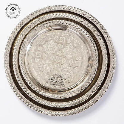 Moroccan Tea Tray Serving Cocktail Silver Handmade Fez Small Or Large Round (9/11/13/15 Inches) (9 Inches)